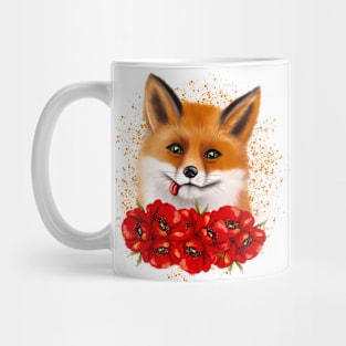 Cute fox face with red poppies Mug